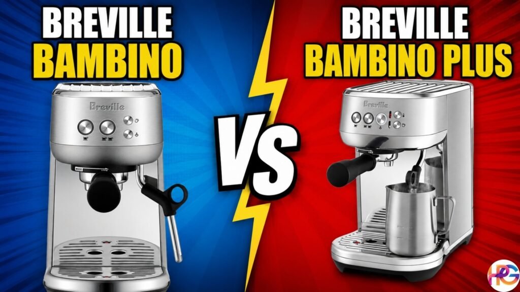 Stainless steel Breville Bambino and Breville Bambino Plus espresso machines side by side with a VS lightning graphic.