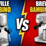 Stainless steel Breville Bambino and Breville Bambino Plus espresso machines side by side with a VS lightning graphic.