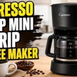 Capresso 5 Cup Mini Drip Coffee Maker on a kitchen countertop with a glass carafe, coffee cup, coffee beans, and bold Impact-style title text.
