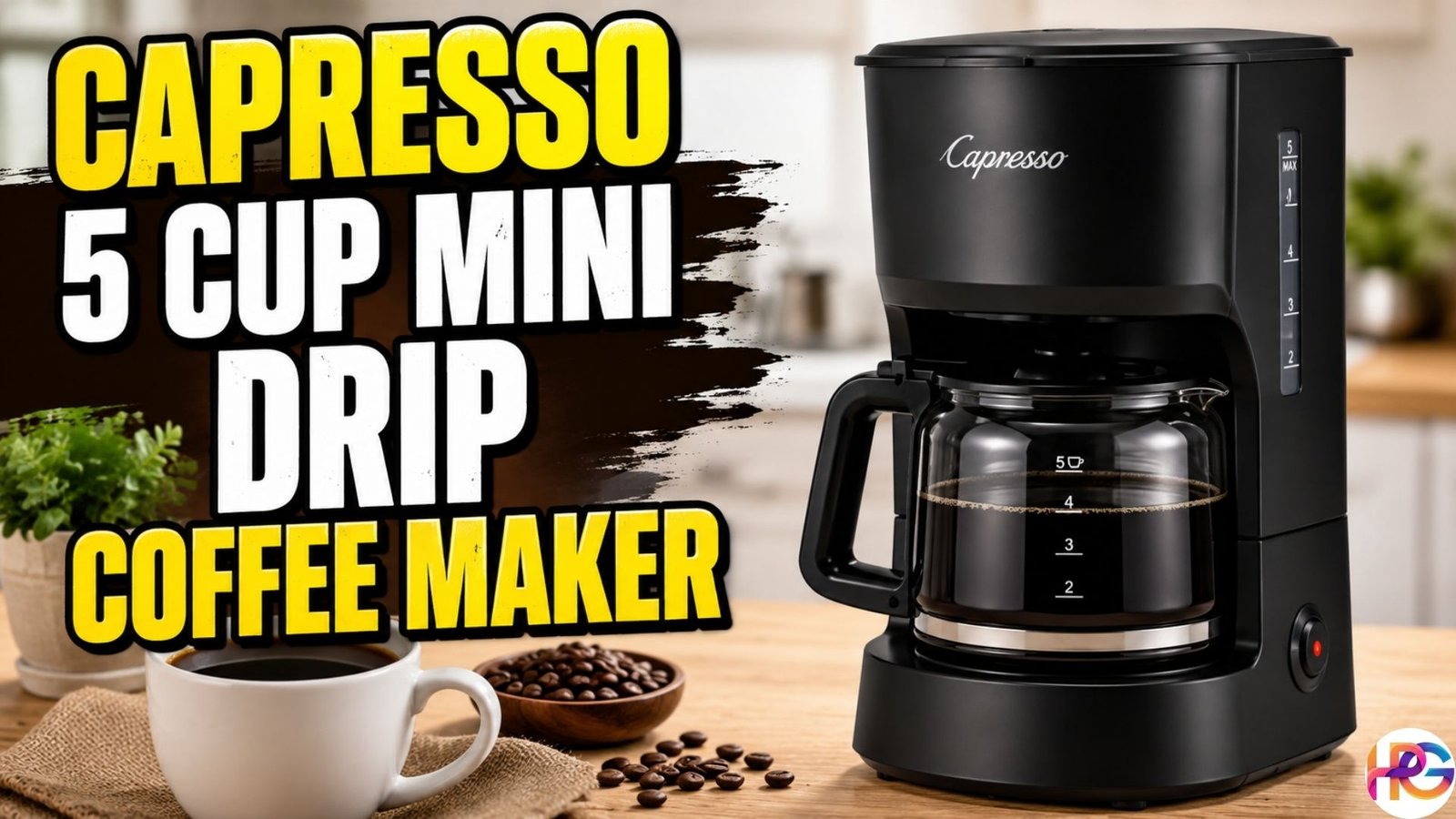 Capresso 5 Cup Mini Drip Coffee Maker on a kitchen countertop with a glass carafe, coffee cup, coffee beans, and bold Impact-style title text.