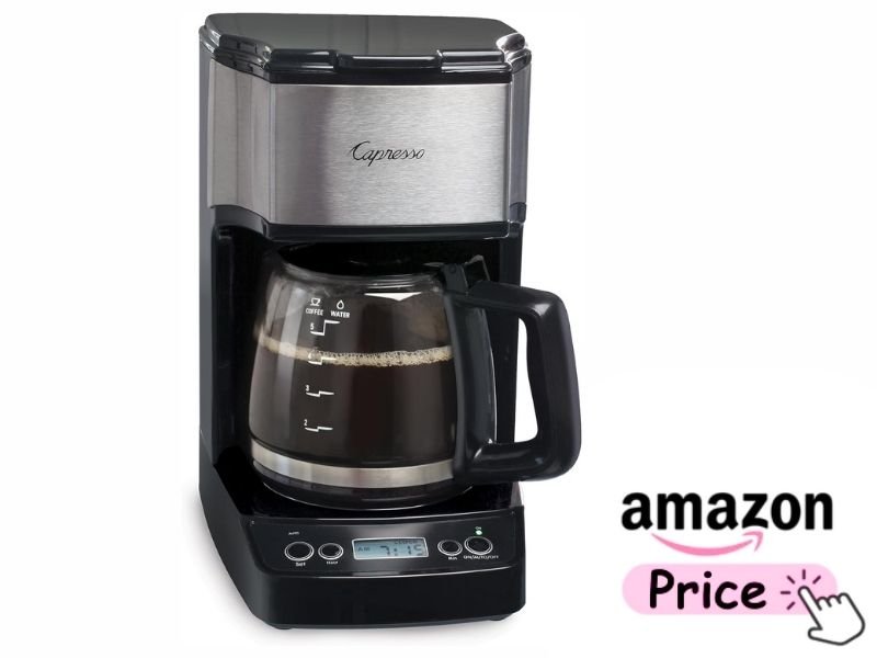 Capresso 5 Cup Mini Drip Coffee Maker with a glass carafe, stainless steel front panel, digital timer, and Amazon Price badge on a white background.