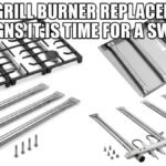A clean product grid layout displaying four different angles of shiny, new stainless steel gas grill burner replacement kits, heavy-duty black cooking grates, and adjustable heat plates arranged against a stark white background.