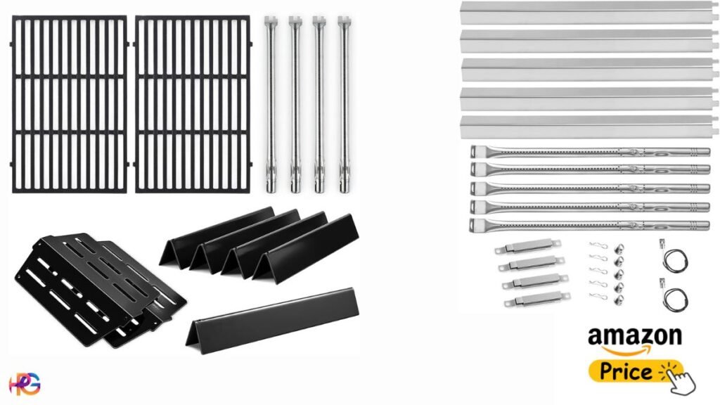 A comprehensive product spread showing a full grill rebuild kit with two heavy-duty cooking grates, four long burner tubes, five tented heat shields, and small mounting hardware.