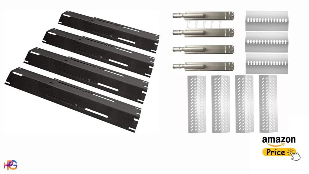 A product image featuring four long, matte black adjustable heat tents on the left side and a collection of straight stainless steel burner tubes and perforated heat shields on the right.