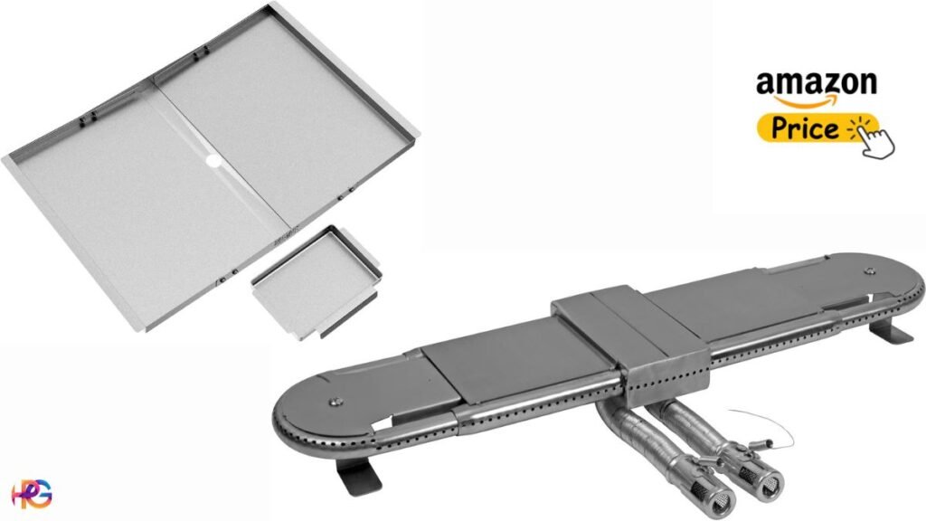 A product layout showcasing a brand-new stainless steel H-burner tube assembly alongside its matching adjustable metal heat shield trays against a plain white background.
