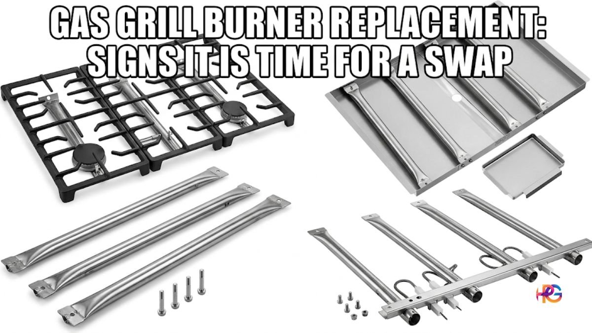 A clean product grid layout displaying four different angles of shiny, new stainless steel gas grill burner replacement kits, heavy-duty black cooking grates, and adjustable heat plates arranged against a stark white background.