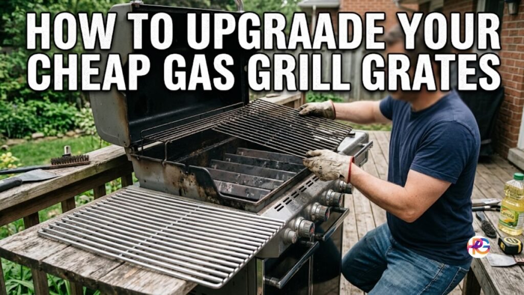 A person wearing work gloves replacing old, rusty thin wire grates on a budget gas grill with shiny new solid stainless steel cooking grates on a backyard deck.