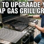 A person wearing work gloves replacing old, rusty thin wire grates on a budget gas grill with shiny new solid stainless steel cooking grates on a backyard deck.