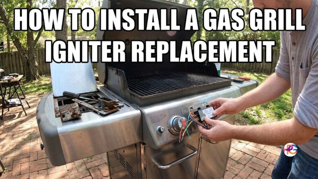 A man replacing a gas grill igniter module on a stainless steel barbecue control panel in a backyard setting.