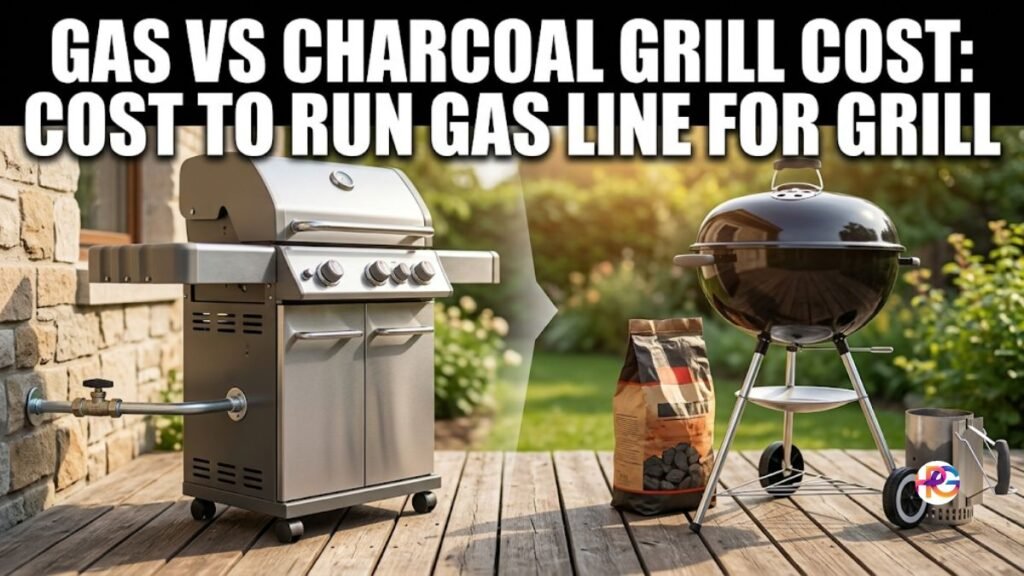 A wide photograph split diagonally shows a modern stainless steel natural gas grill with a visible gas line connection on a rustic wooden deck (left) contrasting with a traditional black kettle charcoal grill next to a bag of briquettes and chimney starter (right).