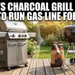A wide photograph split diagonally shows a modern stainless steel natural gas grill with a visible gas line connection on a rustic wooden deck (left) contrasting with a traditional black kettle charcoal grill next to a bag of briquettes and chimney starter (right).