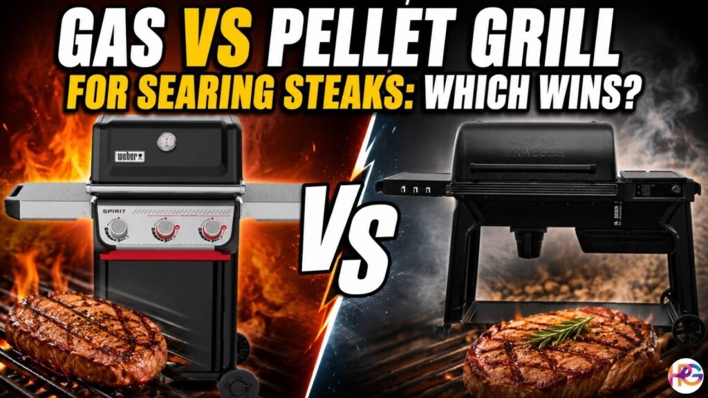 A comparison image featuring a Weber Spirit gas grill (image_0.png) with flames on the left and a Traeger wood pellet grill (image_1.png) on the right, separated by a "VS" graphic. Large text at the top asks, "GAS VS PELLET GRILL FOR SEARING STEAKS: WHICH WINS?". Both grills are shown with a grilled steak below them.