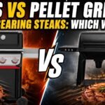 A comparison image featuring a Weber Spirit gas grill (image_0.png) with flames on the left and a Traeger wood pellet grill (image_1.png) on the right, separated by a "VS" graphic. Large text at the top asks, "GAS VS PELLET GRILL FOR SEARING STEAKS: WHICH WINS?". Both grills are shown with a grilled steak below them.
