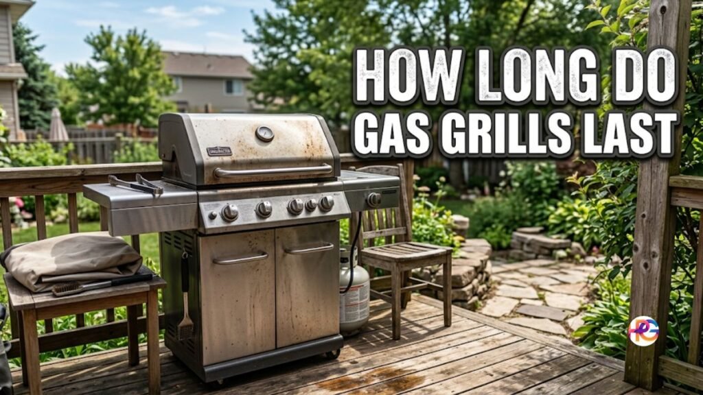 A detailed, photographic infographic set on a backyard wooden deck, centered around a large stainless steel gas grill with a covered grill next to it. Multiple clear, overlaid charts and a rustic metal sign explain "how long do gas grills last." These include two "Lifespan by Cooking Hours" charts tracking key milestones at Year 3, 5, 10, and 15, and a comprehensive "Total Grilling Hours & Likely Replacements" chart comparing different grill classes over usage hours. The overall message, "KNOW YOUR GRILL'S LIFE," is displayed on a rustic sign to the right. The background features a green garden and residential houses.