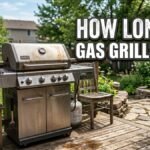 A detailed, photographic infographic set on a backyard wooden deck, centered around a large stainless steel gas grill with a covered grill next to it. Multiple clear, overlaid charts and a rustic metal sign explain "how long do gas grills last." These include two "Lifespan by Cooking Hours" charts tracking key milestones at Year 3, 5, 10, and 15, and a comprehensive "Total Grilling Hours & Likely Replacements" chart comparing different grill classes over usage hours. The overall message, "KNOW YOUR GRILL'S LIFE," is displayed on a rustic sign to the right. The background features a green garden and residential houses.