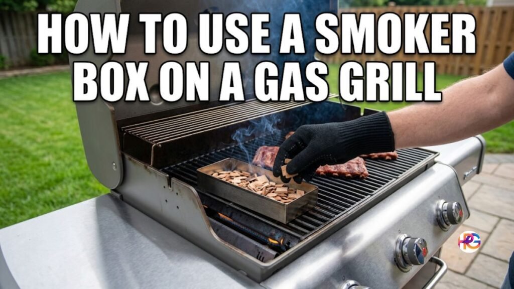 A photo shows a person wearing a black heat-resistant glove setting a small stainless steel smoker box filled with wood chips onto the flavorizer bars of a gas grill between the cooking grates, near lit burners. White text at the top of the image reads: "HOW TO USE A SMOKER BOX ON A GAS GRILL." The background is a green lawn.
