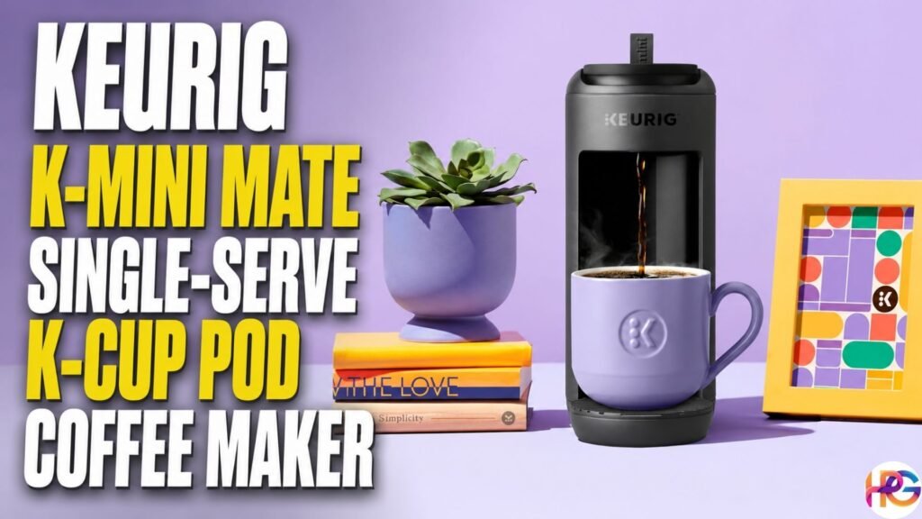 Keurig K-Mini Mate Single-Serve K-Cup Pod Coffee Maker brewing coffee into a purple mug on a countertop with decorative books, a succulent plant, and a colorful picture frame in the background.