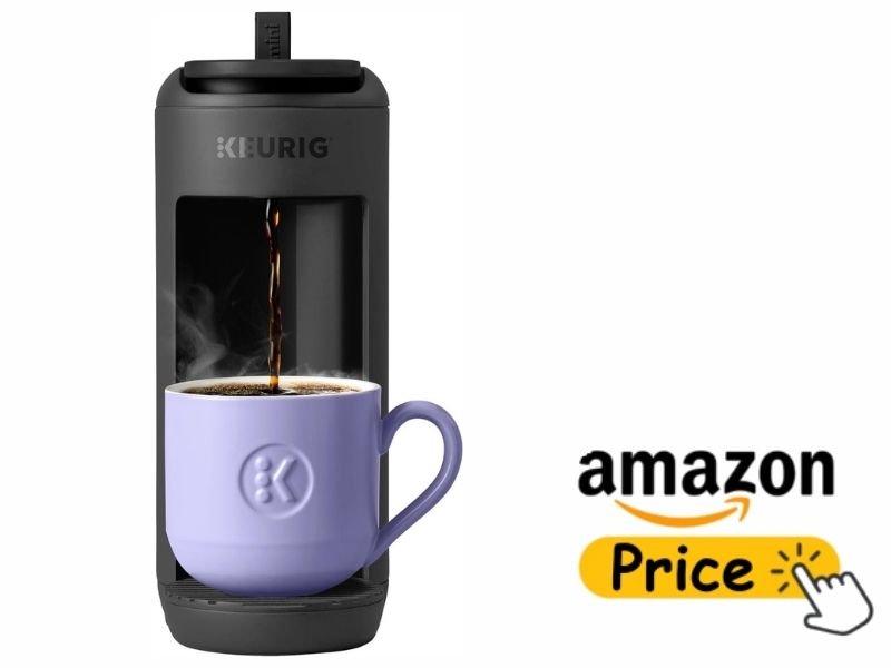 Keurig K-Mini Mate Single-Serve K-Cup Pod Coffee Maker brewing coffee into a purple mug beside an Amazon Price button on a white background.