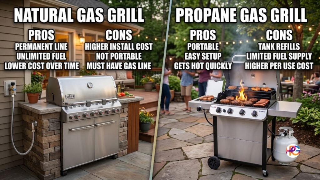 A side-by-side comparison image of a natural gas grill and a propane gas grill on a backyard patio, highlighting the differences, pros, and cons of each in a clean, high-impact font.