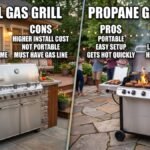 A side-by-side comparison image of a natural gas grill and a propane gas grill on a backyard patio, highlighting the differences, pros, and cons of each in a clean, high-impact font.
