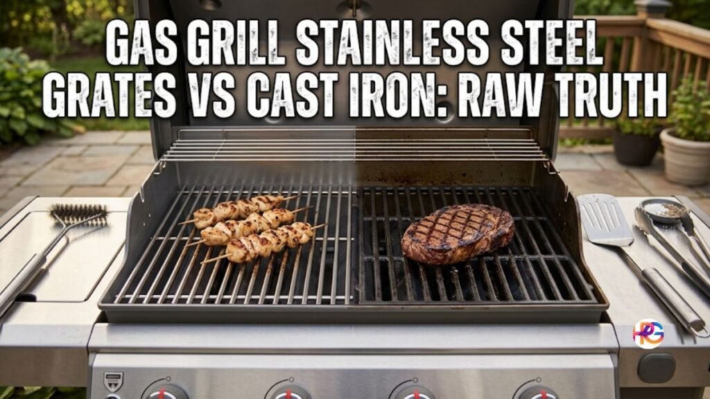 An outdoor gas grill with the lid open, split down the middle to show shiny stainless steel grates with chicken skewers on the left side and dark cast iron grates with a seared steak on the right side. Big white text across the top reads "GAS GRILL STAINLESS STEEL GRATES VS CAST IRON: RAW TRUTH".