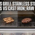 An outdoor gas grill with the lid open, split down the middle to show shiny stainless steel grates with chicken skewers on the left side and dark cast iron grates with a seared steak on the right side. Big white text across the top reads "GAS GRILL STAINLESS STEEL GRATES VS CAST IRON: RAW TRUTH".