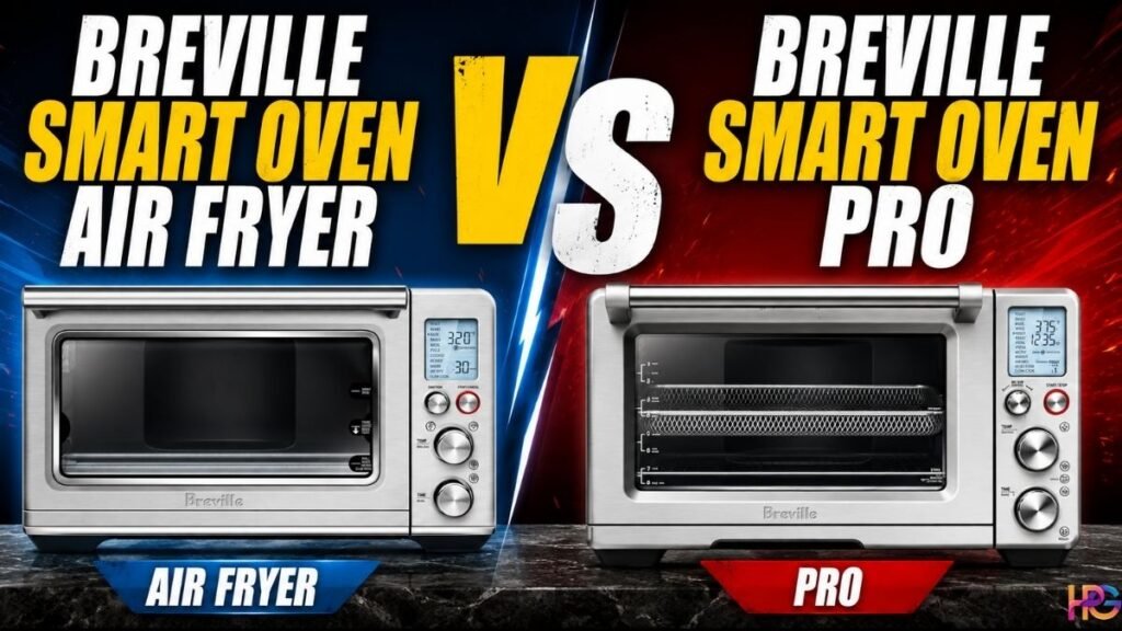 Breville Smart Oven Air Fryer vs Pro, showing both stainless steel countertop ovens side by side for comparison.