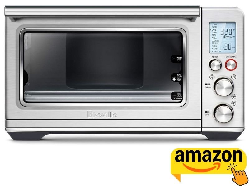 Front view of the Breville Smart Oven Air Fryer in brushed stainless steel with digital display and control dials.