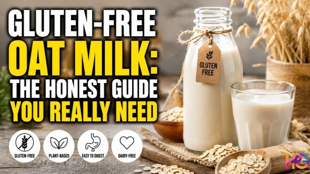 Gluten-free oat milk in a glass with rolled oats and a bottle labeled gluten-free.