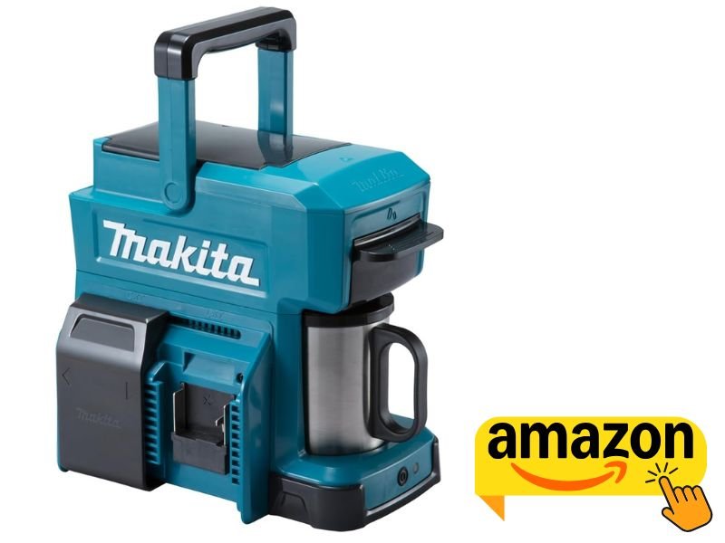 Makita 18V LXT cordless coffee maker with battery pack and stainless steel travel mug, designed for portable coffee brewing on jobsites and outdoor use.