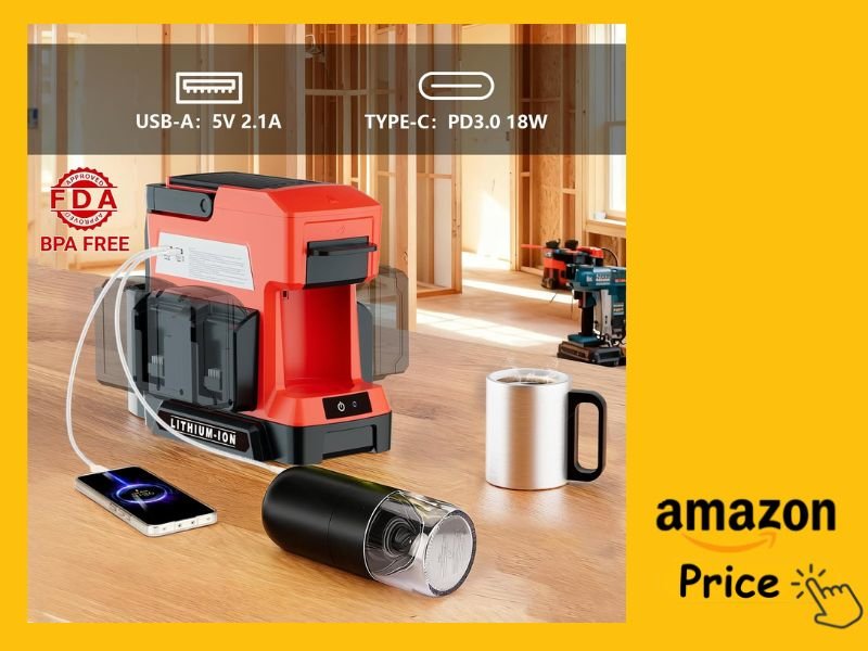 Milwaukee cordless coffee maker with travel mug, portable coffee grinder, reusable filter, cleaning brush, USB charging cable, scoop, and cleaning cloth on a white background.