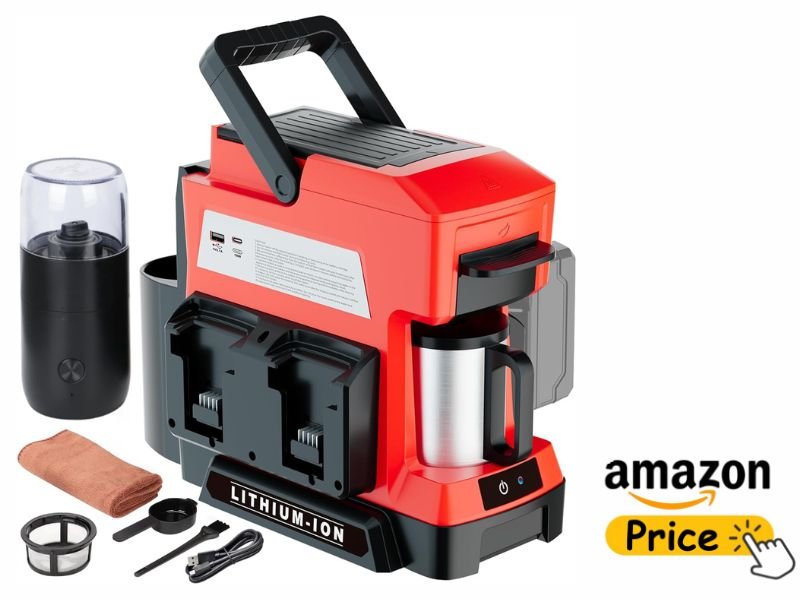 Milwaukee cordless coffee maker charging a smartphone via USB while displayed with a portable coffee grinder and stainless steel travel mug in a workshop setting.