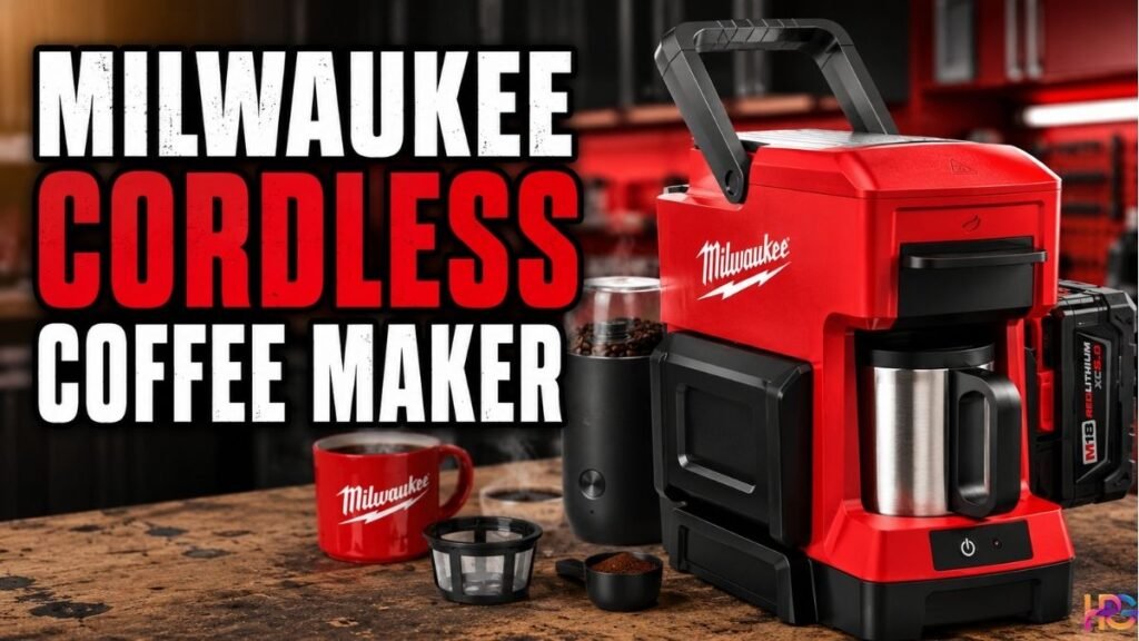 Milwaukee cordless coffee maker with a portable battery-powered brewing system, travel mug, coffee grinder, reusable filter, charging cable, and accessories displayed on a workshop-style countertop.