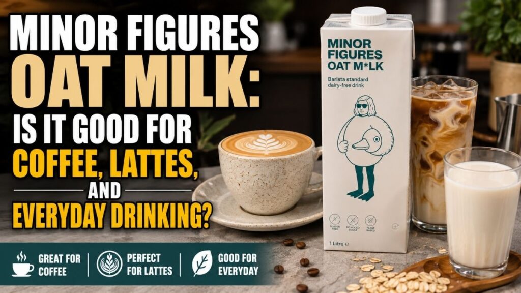 Minor Figures oat milk carton with coffee, latte, iced coffee, and a glass of oat milk, highlighting its use for coffee, lattes, and everyday drinking.