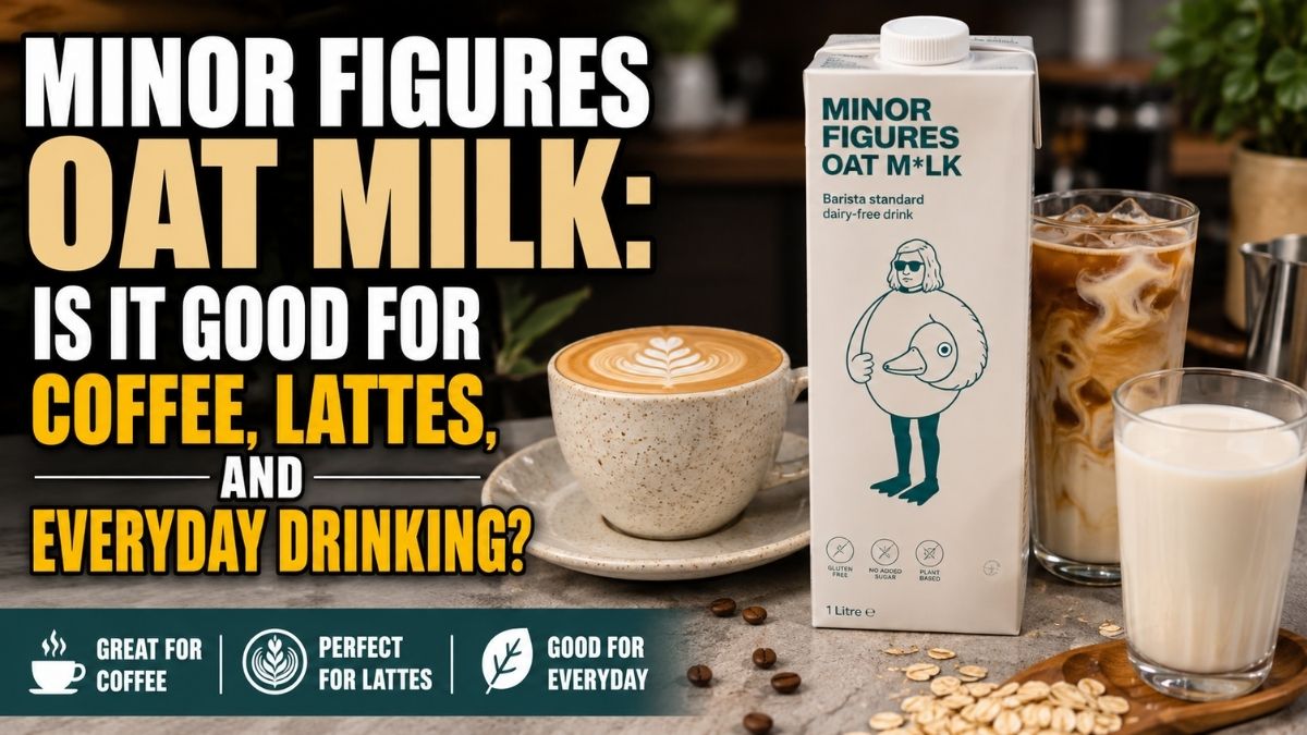 Minor Figures oat milk carton with coffee, latte, iced coffee, and a glass of oat milk, highlighting its use for coffee, lattes, and everyday drinking.