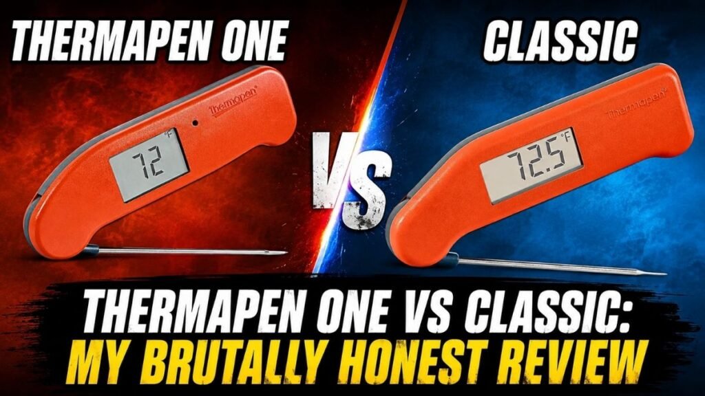 Thermapen One vs Classic comparison showing two orange instant-read thermometers with a VS graphic and review title.