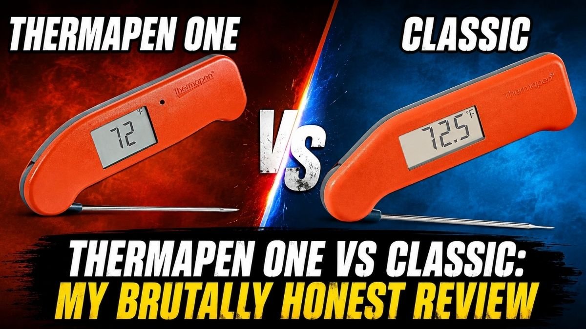Thermapen One vs Classic comparison showing two orange instant-read thermometers with a VS graphic and review title.