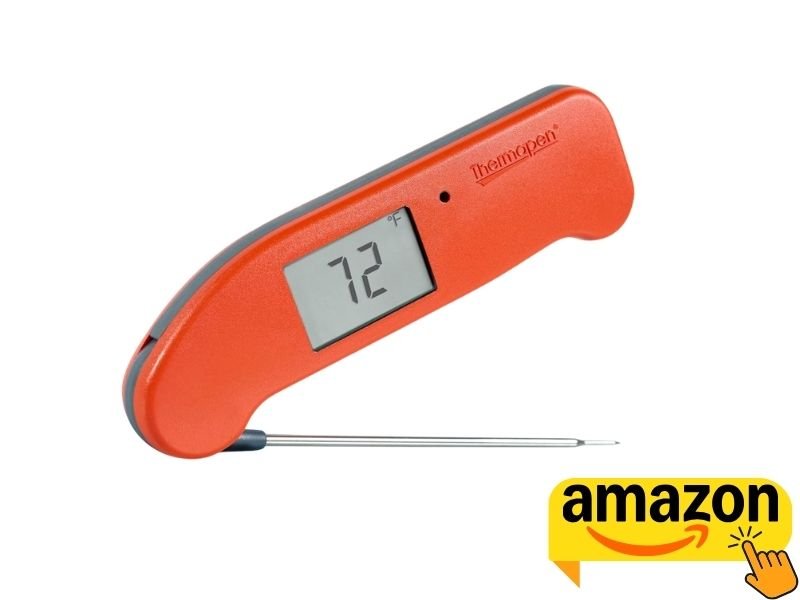 Thermapen One orange instant-read meat thermometer displaying 72°F with probe extended