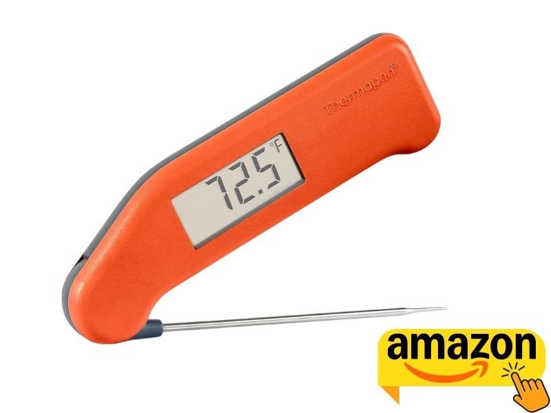 ThermoWorks Classic orange instant-read meat thermometer displaying 72.5°F with probe extended