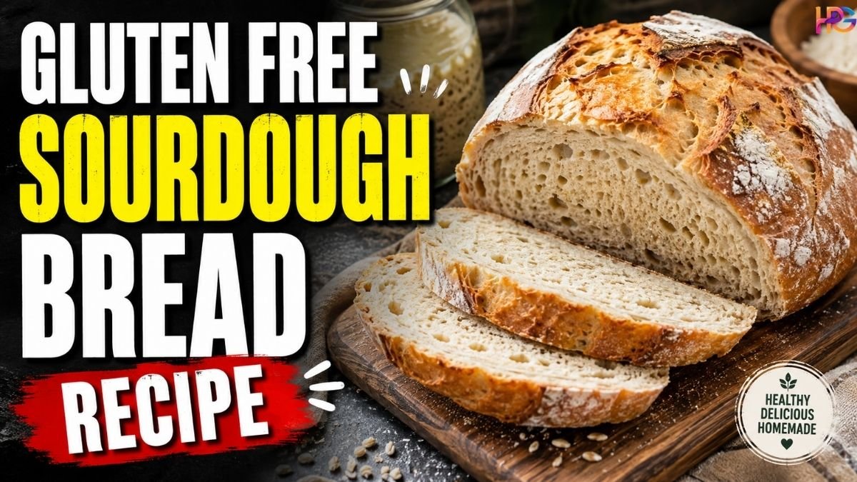 Sliced freshly baked gluten-free sourdough bread loaf on a wooden board next to bold text reading "Gluten Free Sourdough Bread Recipe".