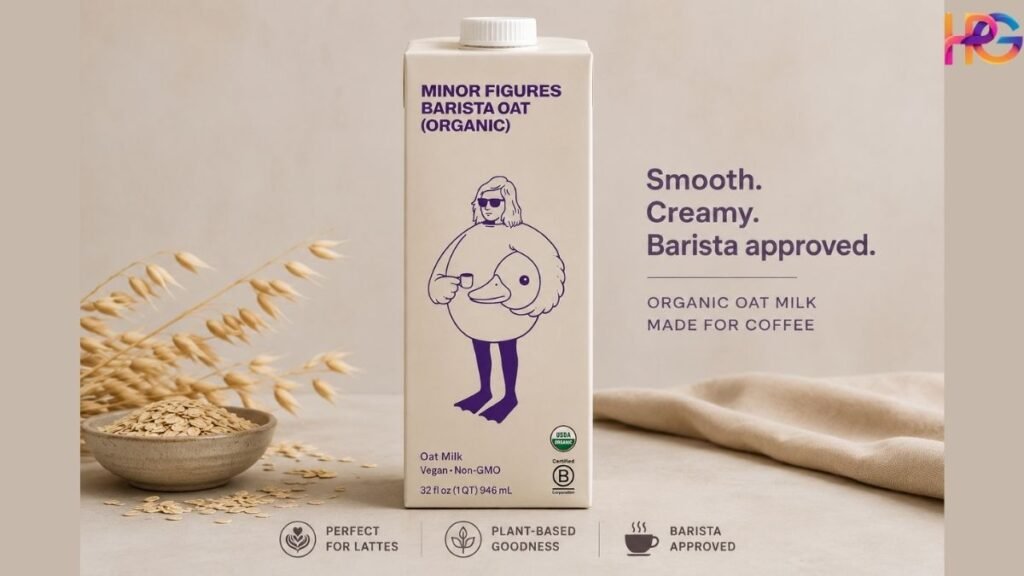 Minor Figures Barista Oat Milk carton with oats and oat stalks in a clean studio setting.