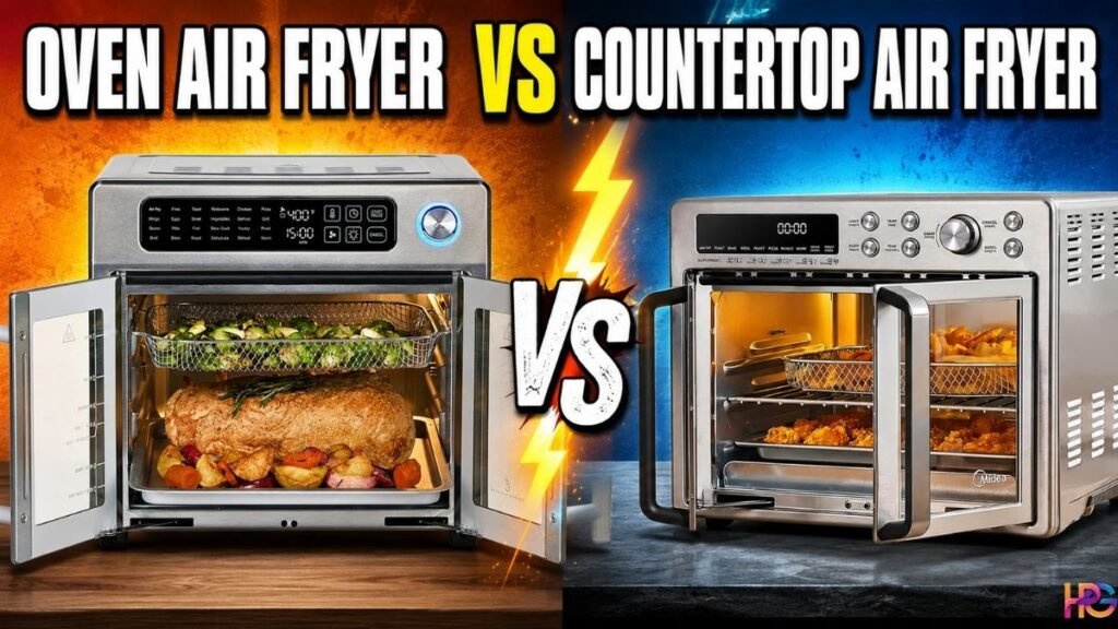 Oven air fryer vs countertop air fryer, showing two stainless steel air fryers side by side for comparison.