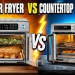 Oven air fryer vs countertop air fryer, showing two stainless steel air fryers side by side for comparison.