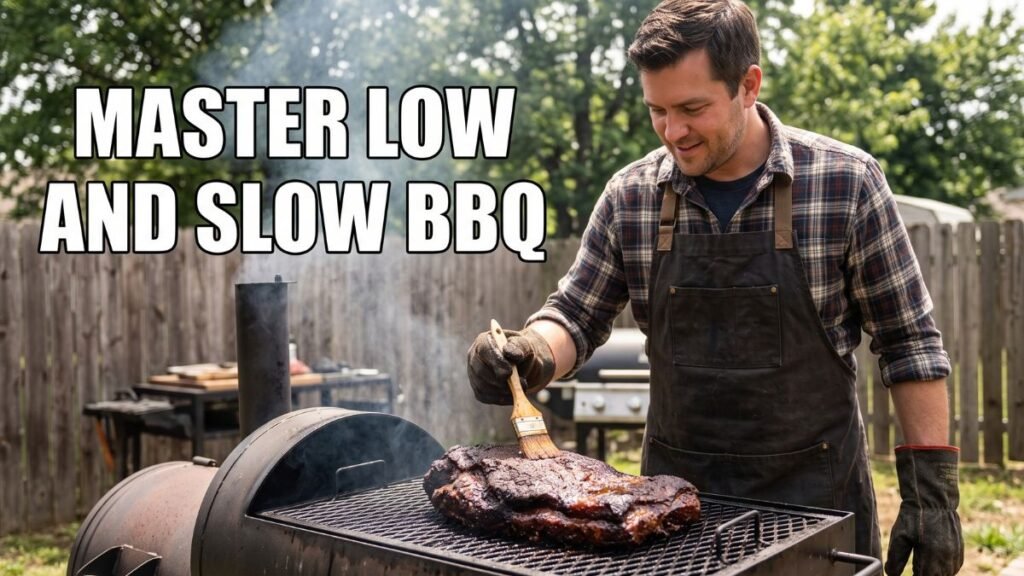 A man wearing a black apron and heat-resistant gloves bastes a large cut of smoked meat on a black offset smoker in a backyard. Large white text overlaid on the scene reads "MASTER LOW AND SLOW BBQ".