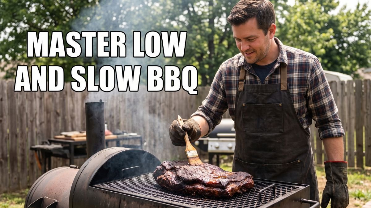 A man wearing a black apron and heat-resistant gloves bastes a large cut of smoked meat on a black offset smoker in a backyard. Large white text overlaid on the scene reads "MASTER LOW AND SLOW BBQ".